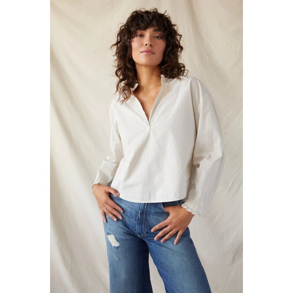 AMO Rosa Ruffle Shirt Pumice Tan Long Sleeve Boxy Cotton Poplin Size Small